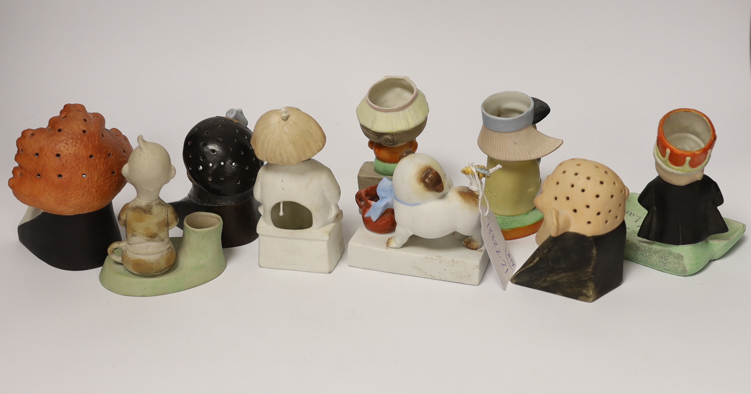 Nine German Schafer and Vater bisque porcelain figures including ‘Snoo Kums’ and ‘Get Your Hair Cut’, largest 12cm high